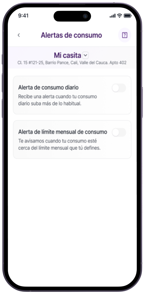 Mockup app enerBit — alertas de consumo